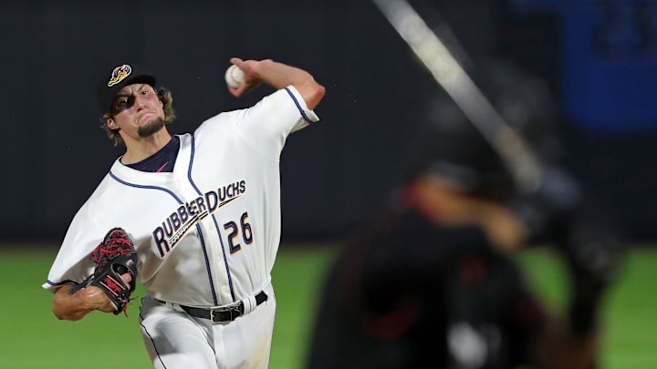Akron RubberDucks relief pitcher Matt Turner throws against the Richmond Flying Squirrels during the fifth inning of a Minor League Baseball game at Canal Park, Thursday, July 20, 2023, in Akron, Ohio.