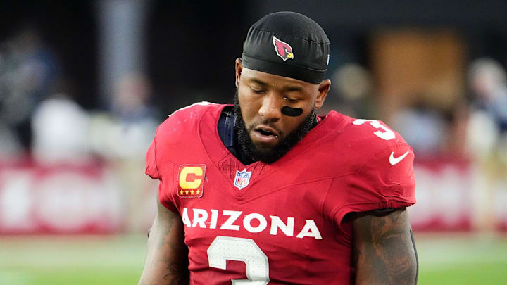 Arizona Cardinals safety Budda Baker (3) reacts after another Los Angeles Rams touchdown in the second half at State Farm Stadium on Dec 7, 2025, in Glendale, Ariz.