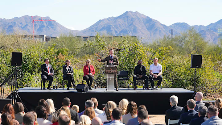 Arizona Cardinals head coach Mike LaFleur addresses the crowd during the groundbreaking ceremony for the Cardinals' new training facility on Feb. 19, 2026, in Phoenix.