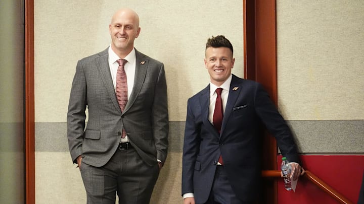 Arizona Cardinals general manager Monti Ossenfort (left) with his new head coach Mike LaFleur at a news conference on Feb. 3, 2026, at Arizona Cardinals training center in Tempe.