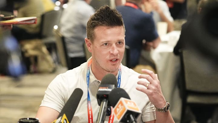 Arizona Cardinals head coach Mike LaFleur talks to the media during the NFL League Meetings on March 30, 2026, at Arizona Biltmore Resort in Phoenix.