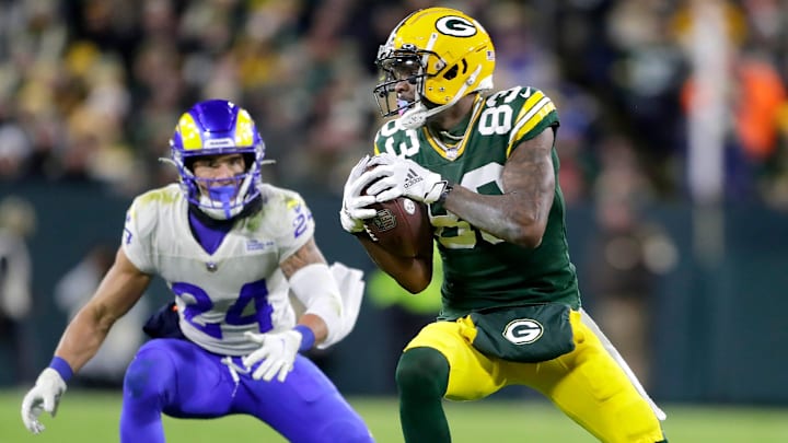 Green Bay Packers wide receiver Marquez Valdes-Scantling (83) against Los Angeles Rams free safety Taylor Rapp (24) during their football game on Sunday November 28, 2021, at Lambeau Field in Green Bay, Wis. Wm. Glasheen USA TODAY NETWORK-Wisconsin

Apc Packers Vs Rams 01523 112821wag