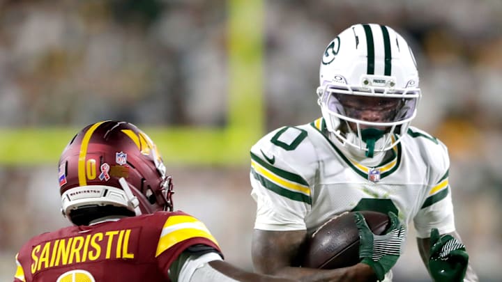 Green Bay Packers wide receiver Matthew Golden (0) against the Washington Commanders cornerback Mike Sainristil (0) on Thursday, September 11, 2025, at Lambeau Field in Green Bay, Wis. The Packers defeated the Commanders 27-18.
Wm. Glasheen USA TODAY NETWORK-Wisconsin