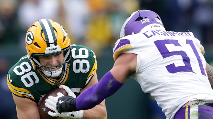 Green Bay Packers tight end John FitzPatrick (86) against the Minnesota Vikings linebacker Blake Cashman (51) on Sunday, November 23, 2025, at Lambeau Field in Green Bay, Wis. The Packers defeated the Vikings 23-6.
Wm. Glasheen USA TODAY NETWORK-Wisconsin