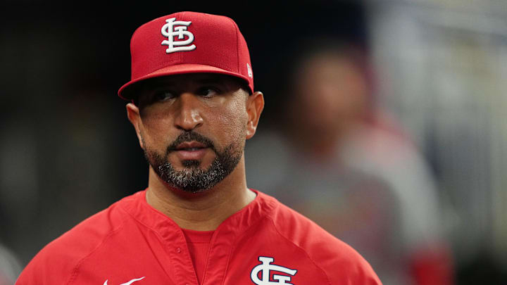 Aug 19, 2025; Miami, Florida, USA; St. Louis Cardinals manager Oliver Marmol (37) looks on from the dugout during the game against against the Miami Marlins at loanDepot Park. Mandatory Credit: Jim Rassol-Imagn Images Aug 19, 2025; Miami, Florida, USA; St. Louis Cardinals manager Oliver Marmol (37) looks on from the dugout during the game against against the Miami Marlins at loanDepot Park. Mandatory Credit: Jim Rassol-Imagn Images