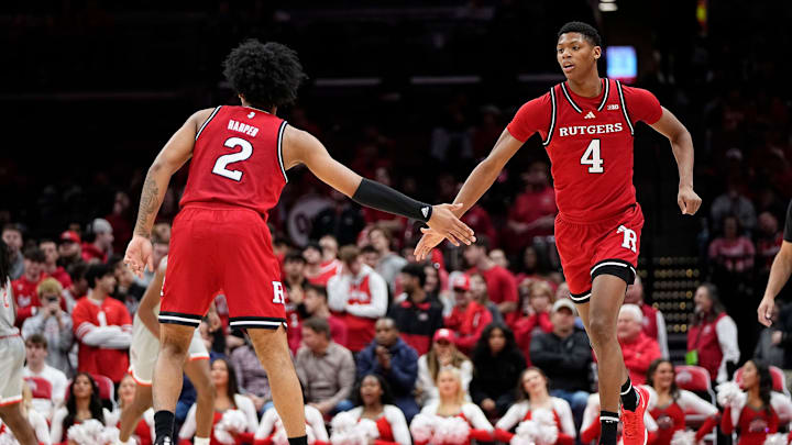 Rutgers Scarlet Knights guard Dylan Harper (2) high fives guard Ace Bailey (4) during the second half of the NCAA men's basketball game against the Ohio State Buckeyes at Value City Arena in Columbus on Saturday, Dec. 7, 2024. Ohio State won 80-66.