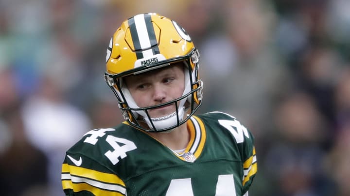 Oct 13, 2024; Green Bay, Wisconsin, USA; Green Bay Packers kicker Brayden Narveson (44) reacts during the second half against the Arizona Cardinals at Lambeau Field. Mandatory Credit: Wm. Glasheen/USA TODAY Network via Imagn Images