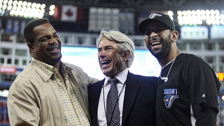 Sep 28, 2010; Toronto, ON, Canada; Toronto Blue Jays former player George Bell (left) poses with former teammate Buck Martinez (center) and current Blue Jays right fielder Jose Bautista (right) before their game against the New York Yankees at the Rogers Centre. Mandatory Credit: Tom Szczerbowski-Imagn Images Sep 28, 2010; Toronto, ON, Canada; Toronto Blue Jays former player George Bell (left) poses with former teammate Buck Martinez (center) and current Blue Jays right fielder Jose Bautista (right) before their game against the New York Yankees at the Rogers Centre. Mandatory Credit: Tom Szczerbowski-Imagn Images