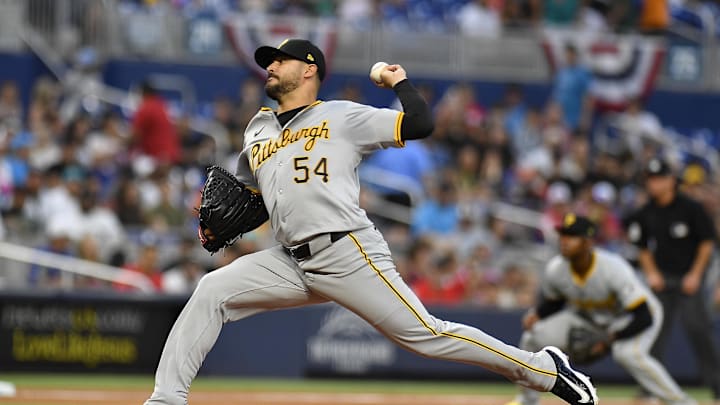 Mar 29, 2024; Miami, Florida, USA;  Pittsburgh Pirates starting pitcher Martin Perez (54)