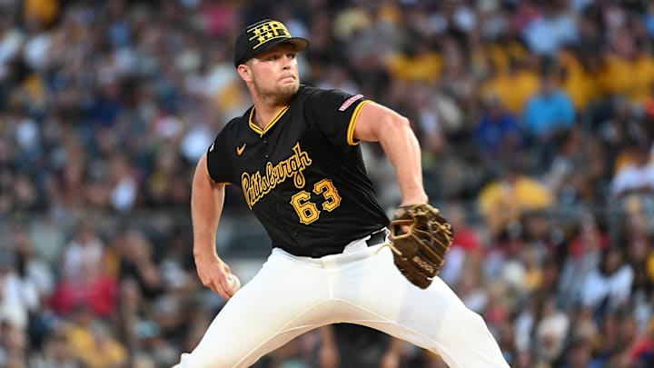 Aug 24, 2024; Pittsburgh, Pennsylvania, USA;  Pittsburgh Pirates pitcher Hunter Stratton (63) throws to the Cincinnati Reds at PNC Park. Mandatory Credit: Philip G. Pavely-Imagn Images