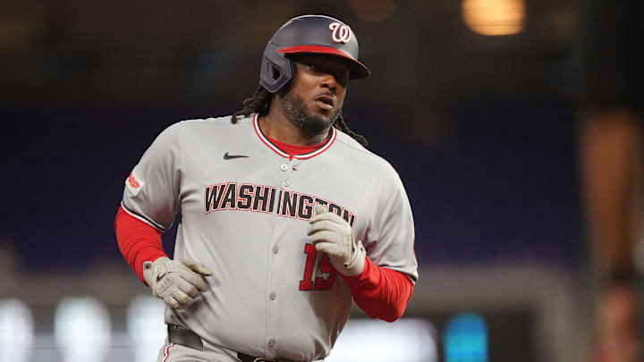 Sep 9, 2025; Miami, Florida, USA;  Washington Nationals first baseman Josh Bell (19) rounds the bases after hitting a three-run home run in the first inning against the Miami Marlins at loanDepot Park. Mandatory Credit: Jim Rassol-Imagn Images