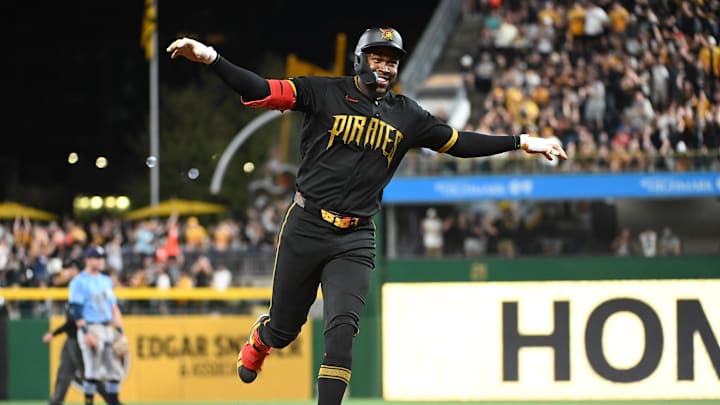 Apr 17, 2026; Pittsburgh, Pennsylvania, USA;  Pittsburgh Pirates center fielder Oneil Cruz celebrates after hitting a two-run home run against the Tampa Bay Rays during the sixth inning at PNC Park. Mandatory Credit: Philip G. Pavely-Imagn Images