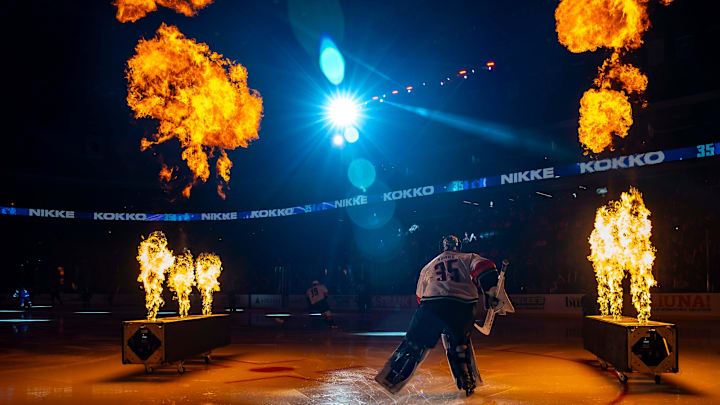 Coachella Valley goalie Nikke Kokko takes the ice before their game at Acrisure Arena in Palm Desert, Calif., Tuesday, Dec. 31, 2024.