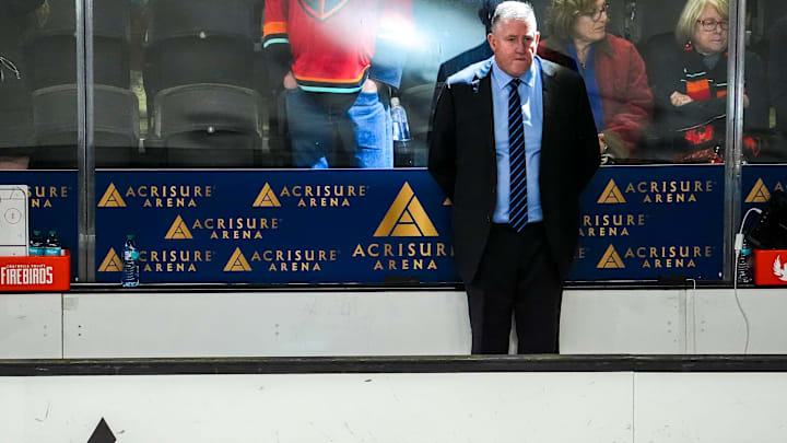 Coachella Valley head coach Derek Laxdal waits for his team to return to the ice to start overtime of Game 2 of the Pacific Division semifinals at Acrisure Arena in Palm Desert, Calif., Saturday, May 3, 2025.
