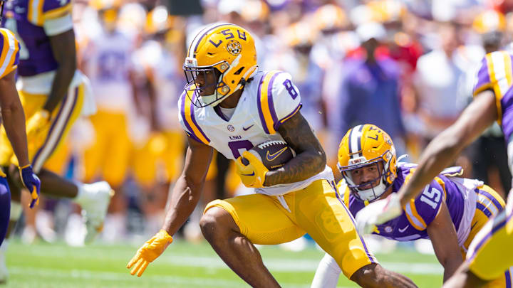Malik Nabers 8 runs the ball during the LSU Tigers Spring Game at Tiger Stadium in Baton Rouge, LA.