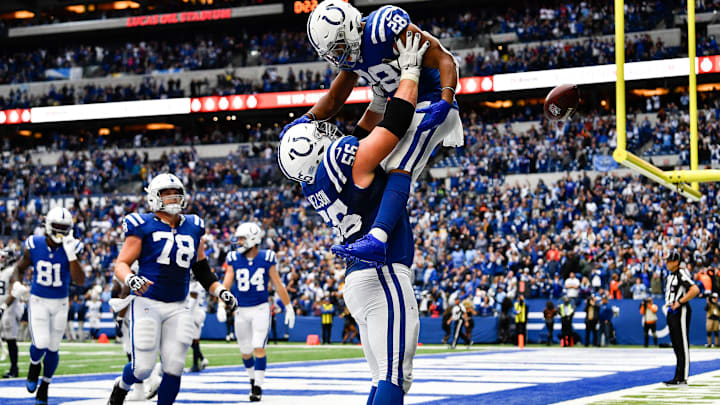 Indianapolis Colts running back Jonathan Taylor (28) and Indianapolis Colts guard Quenton Nelson