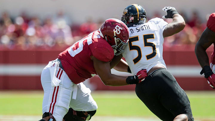 Alabama offensive lineman Emil Ekiyor, Jr., (55) blocks against Southern Miss defensive lineman