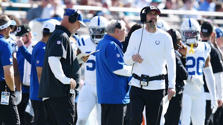 Colts Defensive Coordinator Gus Bradley and head coach Shane Steichen on the sideline during fourth