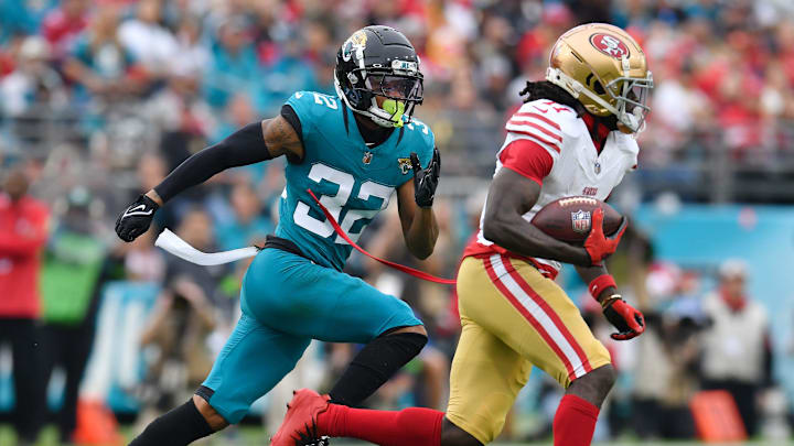 Jacksonville Jaguars cornerback Tyson Campbell (32) chases down San Francisco 49ers wide receiver