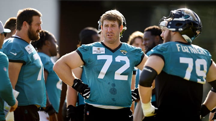 Jacksonville Jaguars guard Blake Hance (73), offensive tackle Walker Little (72), and center Luke Fortner (79) on the field during the fourth day of the NFL football training camp practice session Saturday, July 27, 2024 at EverBank Stadium's Miller Electric Center in Jacksonville, Fla. 