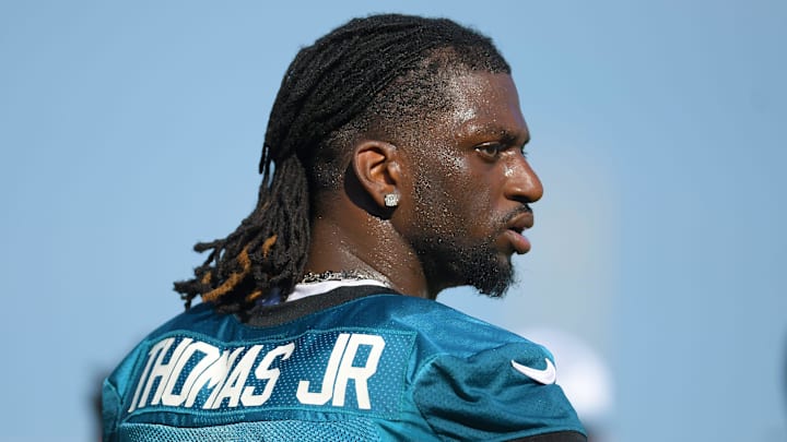 Jacksonville Jaguars wide receiver Brian Thomas Jr. (7) on the field between drills on the fifth day of the NFL football training camp practice session Monday, July 29, 2024 at EverBank Stadium's Miller Electric Center in Jacksonville, Fla..