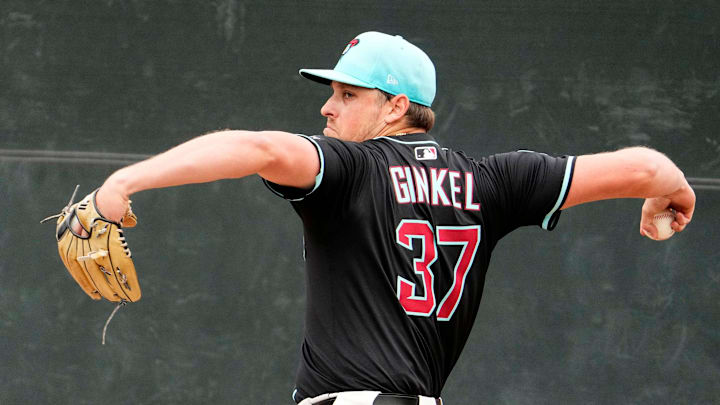 Arizona Diamondbacks pitcher Kevin Ginkel during spring training practice at Salt River Fields at Talking Stick in Scottsdale on Feb. 13, 2025.