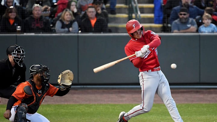 Fred Nats' Brady House (28) gets a hit against the Shorebirds Friday, April 8, 2022, at Perdue