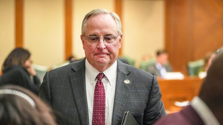 General Mark A. Welsh III, President of Texas A&M University, makes his way out after he addressed the Senate Higher Education Subcommittee at the State Capitol on Monday, Nov. 11, 2024.