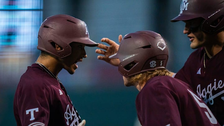 Texas A&M outfielder Braden Montgomery (6) celebrates a home run with his teammates in the first inning of the Longhorns' game against the Texas A&M Aggies at the UFCU Disch-Falk Field in Austin, Tuesday, March 5, 2024. Texas A&M outfielder Braden Montgomery (6) celebrates a home run with his teammates in the first inning of the Longhorns' game against the Texas A&M Aggies at the UFCU Disch-Falk Field in Austin, Tuesday, March 5, 2024.