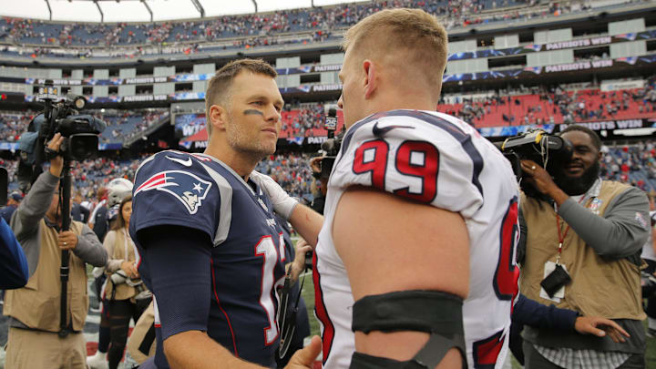 Sep 9, 2018; Foxborough, MA, USA; New England Patriots quarterback Tom Brady (12) talks with Houston Texans defensive end J.J. Watt (99) after the game at Gillette Stadium.