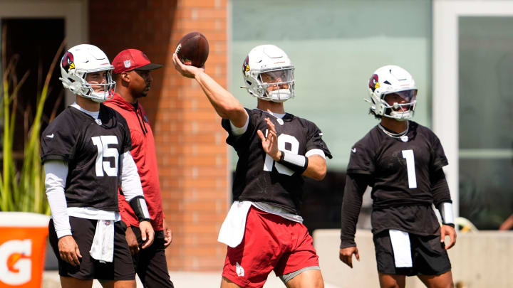 Arizona Cardinals quarterback Desmond Ridder (19) during practice at Dignity Health Arizona Cardinals Training Center in Tempe, Ariz., on Wednesday, Aug. 21, 2024.