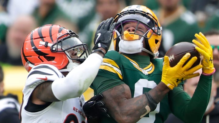 Green Bay Packers wide receiver Matthew Golden (0) catches a pass over the defense of Cincinnati Bengals cornerback Cam Taylor-Britt (29) on Sunday, October 12, 2025, at Lambeau Field in Green Bay, Wis.
Wm. Glasheen USA TODAY NETWORK-Wisconsin