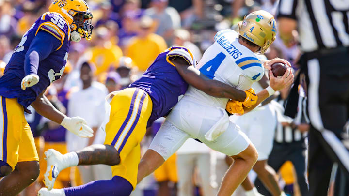Major Burns 8 sacks Bruins quarterback Ethan Garbers 4 as the LSU Tigers take on UCLA at Tiger Stadium in Baton Rouge, LA. Saturday, Sept. 21, 2024.