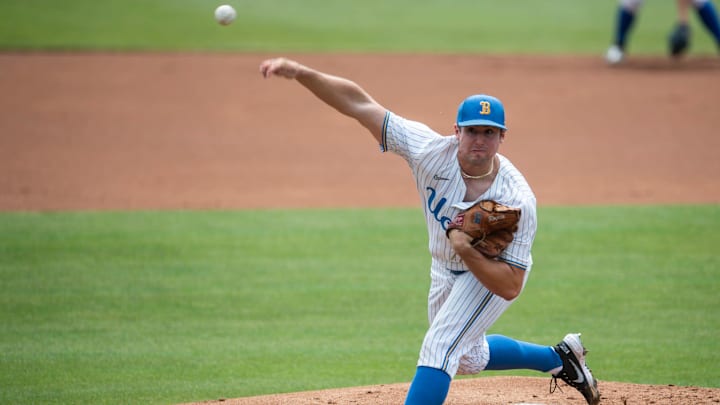 UCLA Bruins pitcher Max Rajcic (8) pitches as Florida State Seminoles take on UCLA Bruins during the NCAA regional baseball tournament at Plainsman Park in Auburn, Ala., on Friday, June 3, 2022.