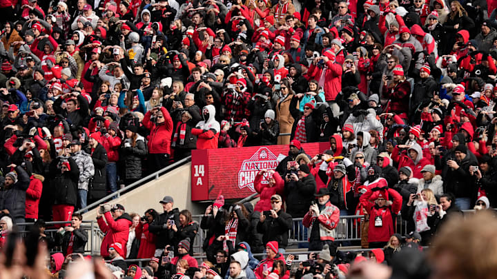 Fans cheer during the Ohio State Buckeyes College Football Playoff National Championship celebration at Ohio Stadium in Columbus on Jan. 26, 2025. Fans cheer during the Ohio State Buckeyes College Football Playoff National Championship celebration at Ohio Stadium in Columbus on Jan. 26, 2025.