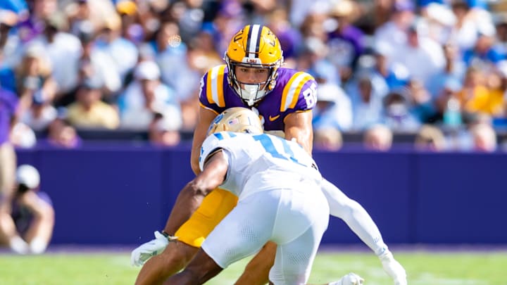 Tigers tight end Mason Taylor 86 runs the ball after the catch as the LSU Tigers take on UCLA at Tiger Stadium in Baton Rouge, LA. Saturday, Sept. 21, 2024. Tigers tight end Mason Taylor 86 runs the ball after the catch as the LSU Tigers take on UCLA at Tiger Stadium in Baton Rouge, LA. Saturday, Sept. 21, 2024.