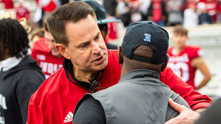 Indiana Head Coach Curt CIgnetti shakes UCLA Head Coach Tim Skipper's hand during the Indiana versus UCLA football game at Memorial Stadium on Saturday, Oct. 25, 2025.