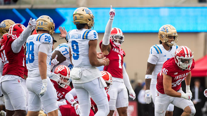 Indiana's Isaiah Jones (46) celebrates Hosea Wheeler's (0) fumble recovery during the Indiana versus UCLA football game at Memorial Stadium on Saturday, Oct. 25, 2025.