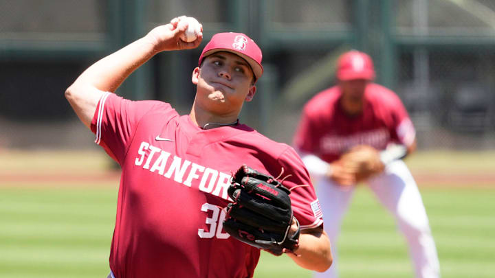 May 25, 2022; Scottsdale, Arizona, USA; Stanford pitcher Ty Uber (36) throws to Arizona State in the first inning during the Pac-12 Baseball Tournament at Scottsdale Stadium.

Ncaa Baseball Stanford At Arizona State