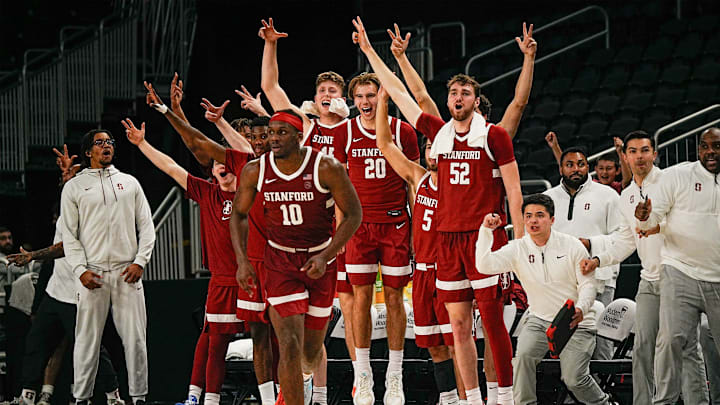 The Stanford bench reacts to a bucket late in their win over St. Louis University in the Acrisure Invitational Champioship game at Acrisure Arena in Palm Desert, Calif., Nov. 28, 2025. The Stanford bench reacts to a bucket late in their win over St. Louis University in the Acrisure Invitational Champioship game at Acrisure Arena in Palm Desert, Calif., Nov. 28, 2025.