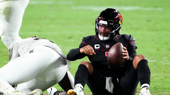 Oct 20, 2022; Glendale, Arizona, USA; Arizona Cardinals quarterback Kyler Murray (1) reacts after