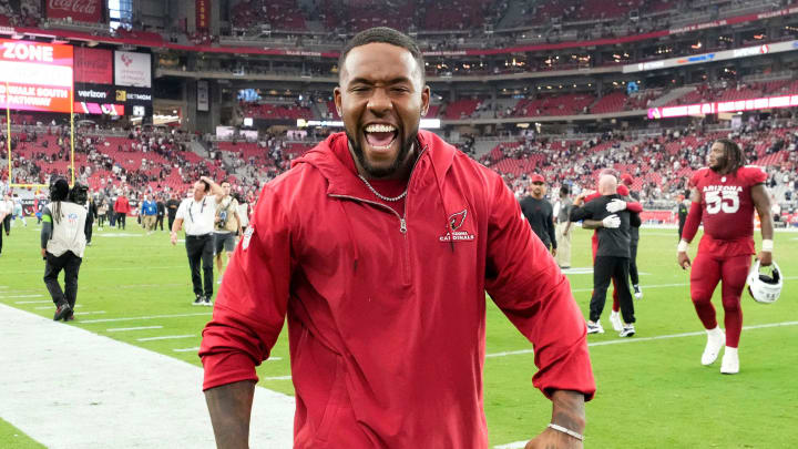 Sep 24, 2023; Glendale, Arizona, USA; Arizona Cardinals safety Budda Baker celebrates their 28-16 Sep 24, 2023; Glendale, Arizona, USA; Arizona Cardinals safety Budda Baker celebrates their 28-16