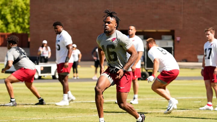 Arizona Cardinals cornerback Max Melton (16) during rookie mini-camp in Tempe on May 10, 2024.