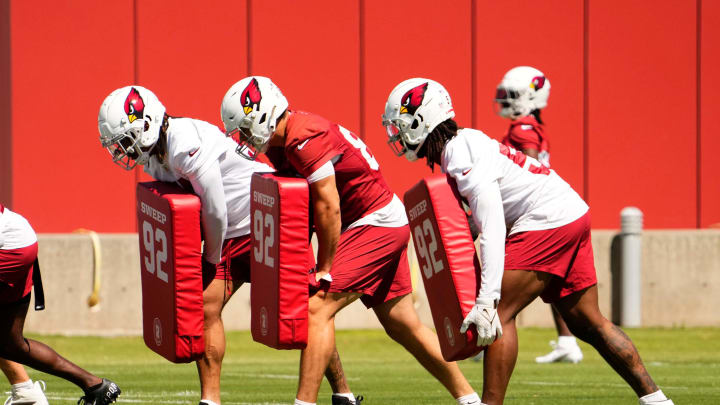 Arizona Cardinals defensive tackle Dante Stills (right) during minicamp at Dignity Health Training Center on June 11, 2024. Arizona Cardinals defensive tackle Dante Stills (right) during minicamp at Dignity Health Training Center on June 11, 2024.