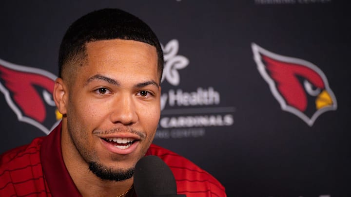 Arizona Cardinals fourth-round draft pick Cody Simon speaks to the media at the Arizona Cardinals training center on May 8, 2025, in Tempe.