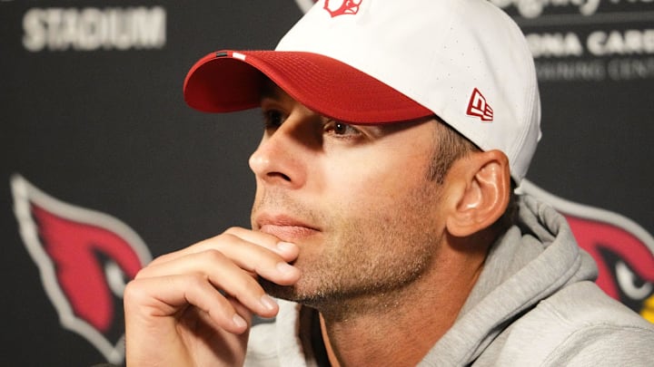 Arizona Cardinals head coach Jonathan Gannon talks to the media during an organized team practice at the Arizona Cardinals training center in Tempe on June 3, 2025.
