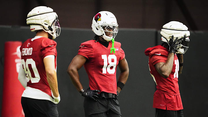 Arizona Cardinals wide receiver Marvin Harrison Jr. (18) during training camp at State Farm Stadium in Glendale on July 25, 2025.