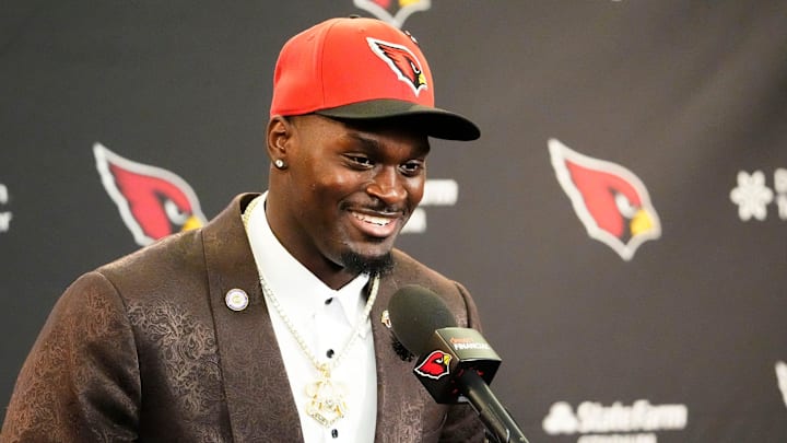 The Arizona Cardinals introduce their first-round draft pick running back Jeremiyah Love during a press conference at the Cardinals Dignity Health training facility on April 24, 2026, in Tempe, Ariz.