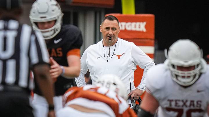 Texas Longhorns Head Coach Steve Sarkisian watches from behind the play during the first quarter of the Longhorns' spring Orange and White game at Darrell K Royal Texas Memorial Stadium in Austin, Texas, April 20, 2024. Texas Longhorns Head Coach Steve Sarkisian watches from behind the play during the first quarter of the Longhorns' spring Orange and White game at Darrell K Royal Texas Memorial Stadium in Austin, Texas, April 20, 2024.