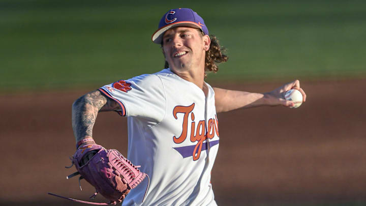 Clemson pitcher B.J. Bailey (13) pitches to Winthrop University during the top of the third inning at Doug Kingsmore Stadium in Clemson, S.C. Wednesday, February 25, 2025. Clemson pitcher B.J. Bailey (13) pitches to Winthrop University during the top of the third inning at Doug Kingsmore Stadium in Clemson, S.C. Wednesday, February 25, 2025.